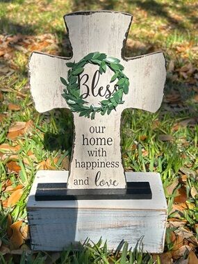 5/$25 Bless Wooden Cross with Green Wreath - Faith Decor